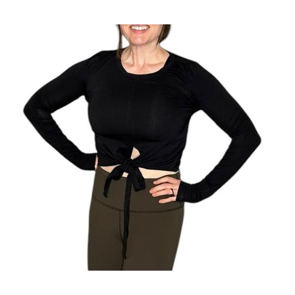 LULULEMON Washed Black Long Sleeve Front Tie Cropped Shirt Women's Small Yoga - Picture 2 of 6
